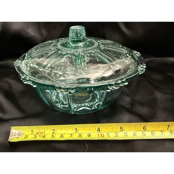 RARE Vintage UV Reactive Aquamarine Blue Jeannette Glass Covered Candy Box GLOWS - Picture 5 of 9